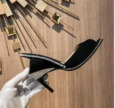 

BONJEAN Crystal Embellished High Heel Shoes Sexy Peep Toe Women Pumps Thin Heels Party Wedding Shoes Black