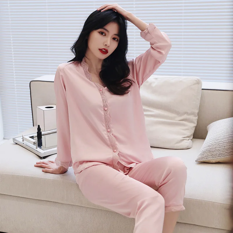

Satin Lace Trim Sleepwear V-Neck Long Sleeve Elastic Waist Trouser Suits Spring Summer New Pajamas Set Women Faux Silk Pijamas