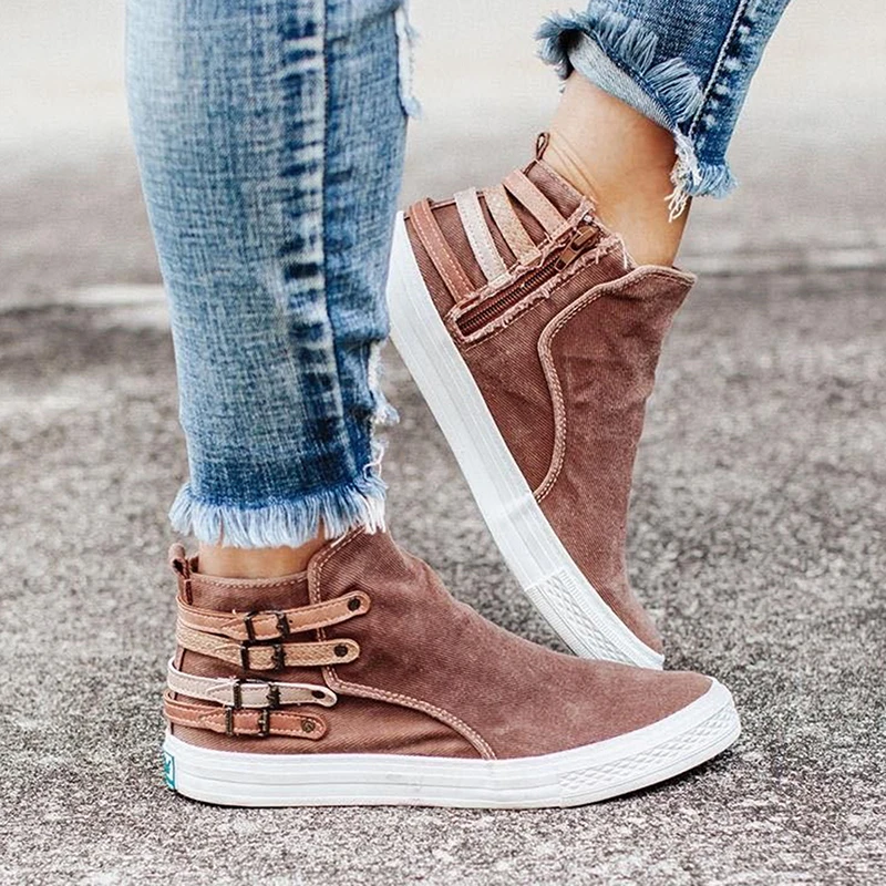 

2020 Women Ankle Boots Gladiator Denim Flats Booties Autumn Flat Shoes Woman Sneaker Causl Zipper Fashion Female Shoes Plus Size
