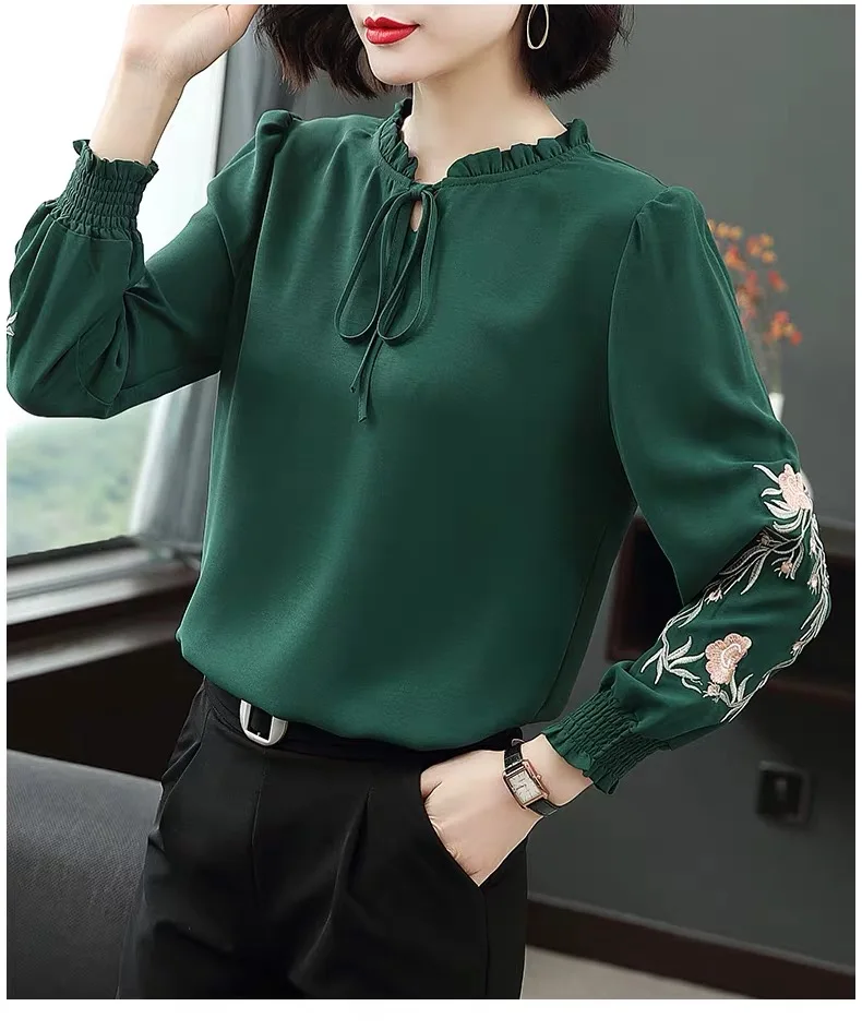 

Chiffon Women's Blouse Plus Size Bow Casual Girl's Shirt New Loose Solid Summer Fashion Long Sleeve Top Lady Blusas Houthion