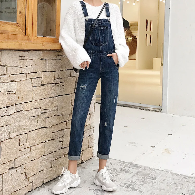 

Jumpsuit Jeans Womens Denim Overalls Dark Blue Streetwear women Slim Bib Cropped Pants Skinny Casual Romper Pants Tight Trousers