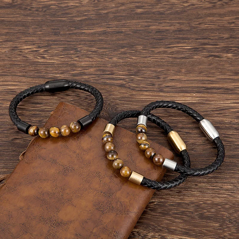 

Fashion Men Bracelet Beads Natural Stone Tiger eye Genuine Leather Rope Stainless Steel Magnetic Clasp Bangles Punk Jewelry Gift