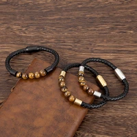 fashion men bracelet beads natural stone tiger eye genuine leather rope stainless steel magnetic clasp bangles punk jewelry gift