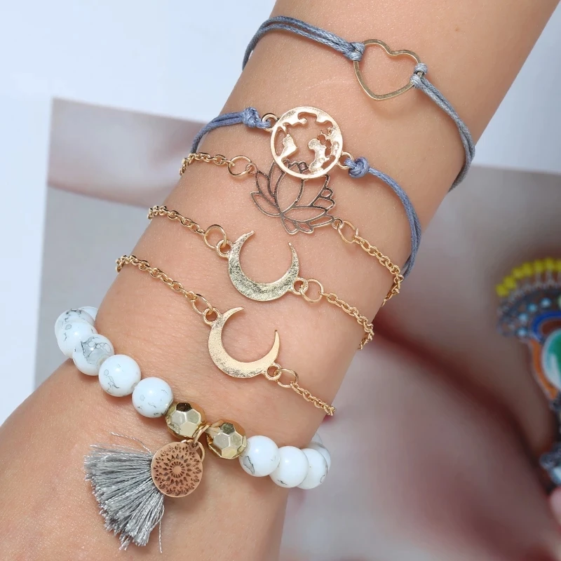 

New Bohemian Bracelets Set For Women Shell Star Map Lotus Pineapple Heart Natural Stone Chains Bangle Boho Charm Party Jewelry