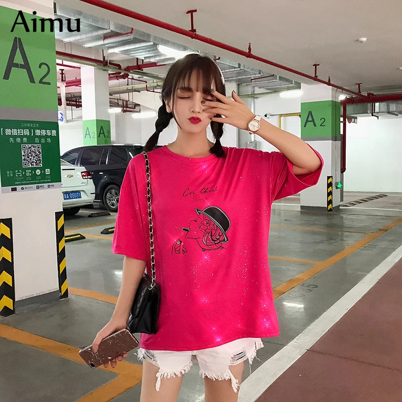 Женская летняя футболка с блестками уличная одежда в стиле Харадзюку принтом