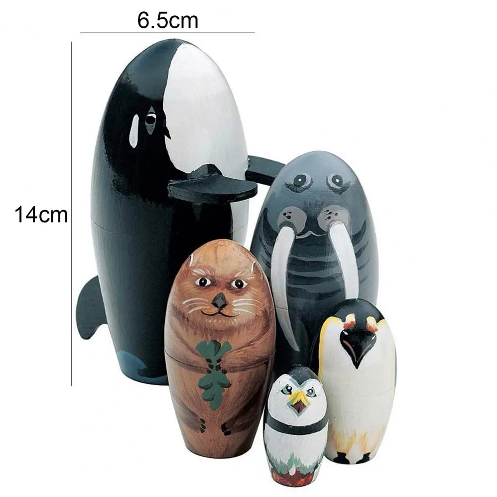 

5Pcs/Set Handmade Crafts Russian Nesting Dolls Eco-friendly Different Animal Pattern Schima Superba Nesting Whale Doll Kids Toys