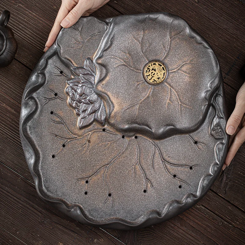 

Blooming Tea Tray Japanese Gilding Iron Glaze Ceramic Water Storage and Drainage Dual-Purpose Bamboo Tea Tray Saucer Tea Table