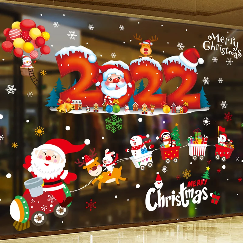 

[SHIJUEHEZI] 2022 Chirstmas Glass Stickers DIY Santa Claus Trains Wall Decals for Living Room Window New Year Home Decoration