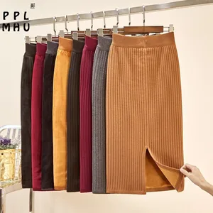 Базовая однотонная плотная вязаная юбка-карандаш на бедрах, Женская Повседневная тянущаяся юбка-оверсайз с эластичным поясом, зимняя теплая офисная юбка-карандаш для женщин