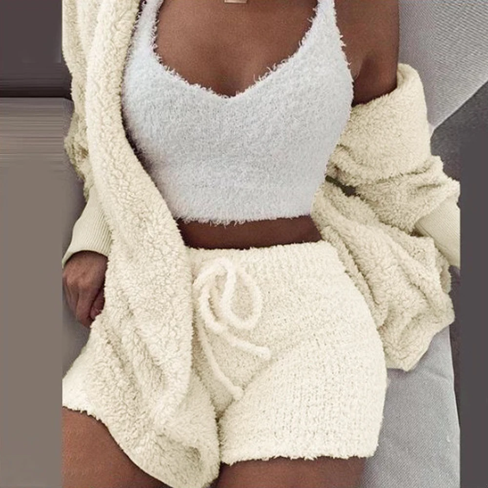 

2PC/3PCS Pajamas Sets Sexy Fluffy Suits Velvet Plush Robe Sets Soft Casual Sleeveless Sweater Loungewear Pijamas Mujer Sleepwear