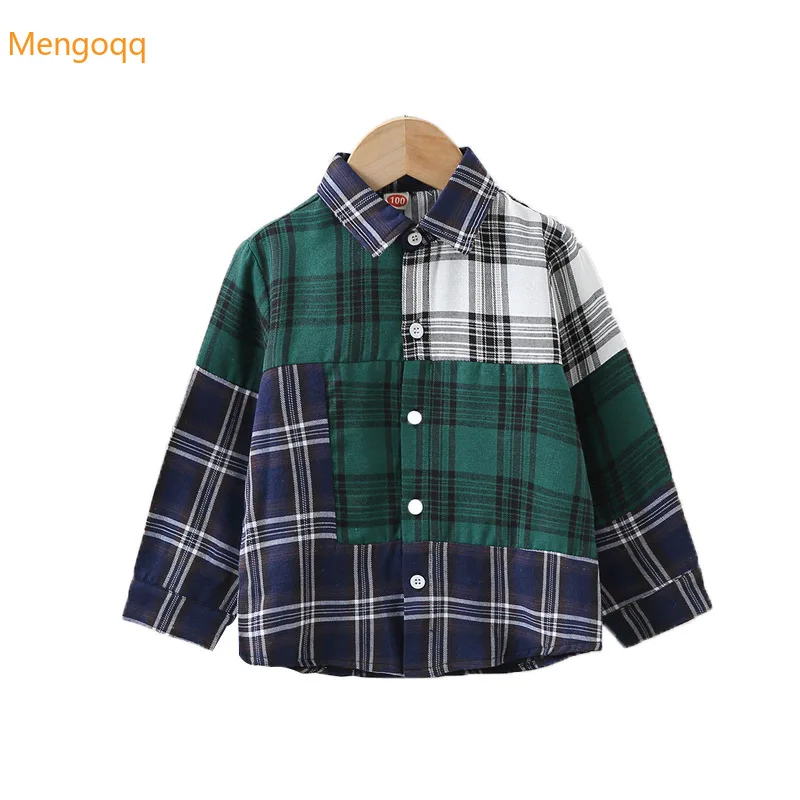 

Handsome Boys Autumn Spring Bottoming Full Sleeve Plaid Patchwork Single-breasted Top Shirts Kids Baby Children Clothes 18M-6Y