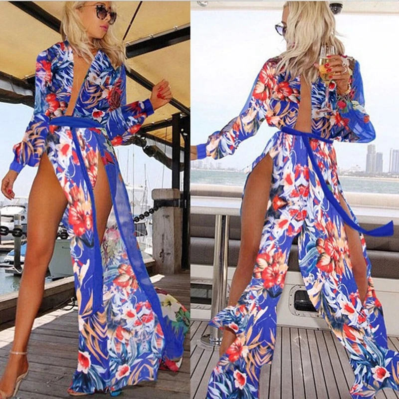

Women's Summer Sundress Seaside Beach Sexy Woman Blue Split Slit Dress Casual Boho Floral Print Chiffon Bohemia Long Maxi Dress