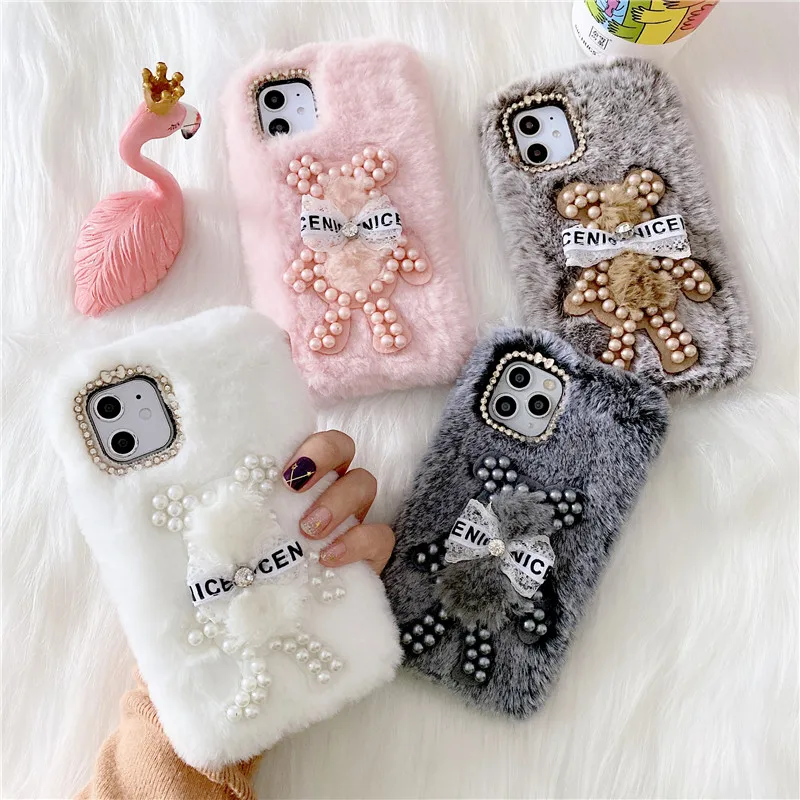 

Cute Pearl Bear Plush Phone Case for iPhone 12 Pro Max 12 Mini 11 XS XR 8 7 6 Plus SE 2020 Soft Back Cover Diamond Camera Circle