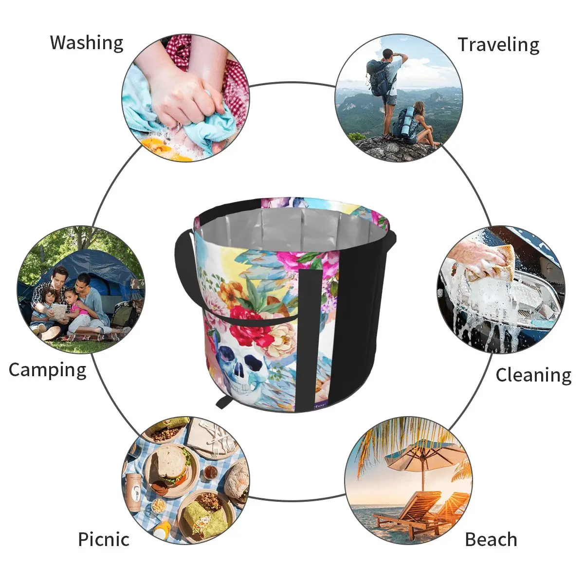 

Foldable Water Bag Skull And Rose Outdoor Sports Camping Hiking Storge Water Bucket Picnic Water Container Lifting Carrier