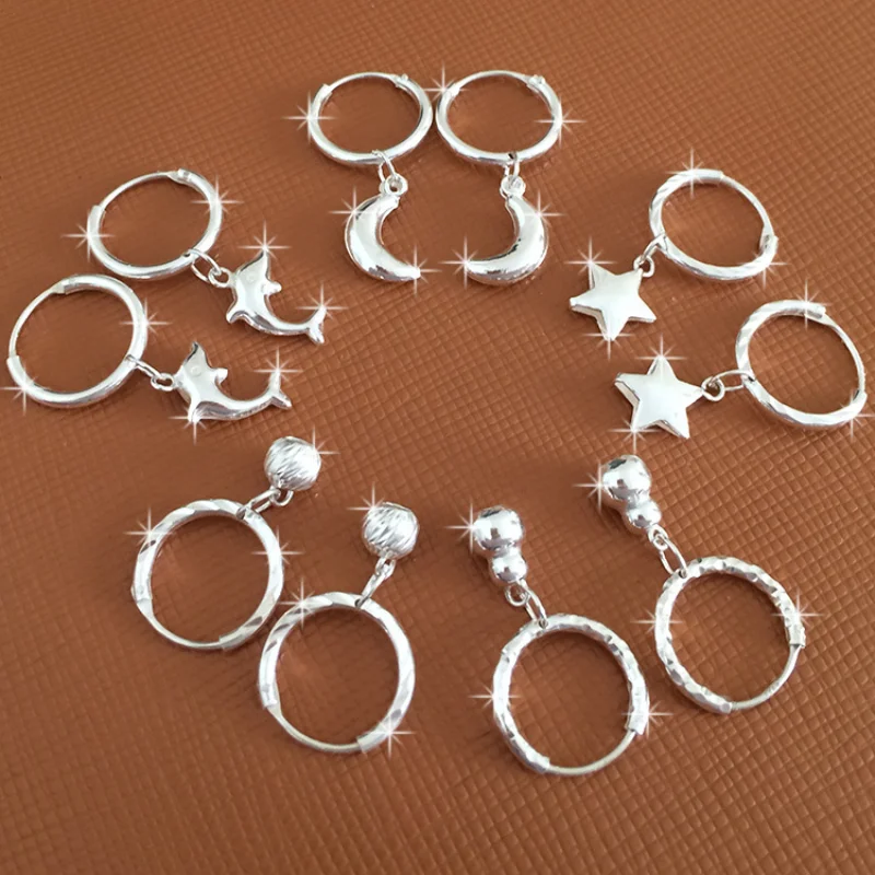 

990 Sterling Silver Earrings Female Small Circle Korea Personality Glossy Star silver jewelry Accessories wholesale