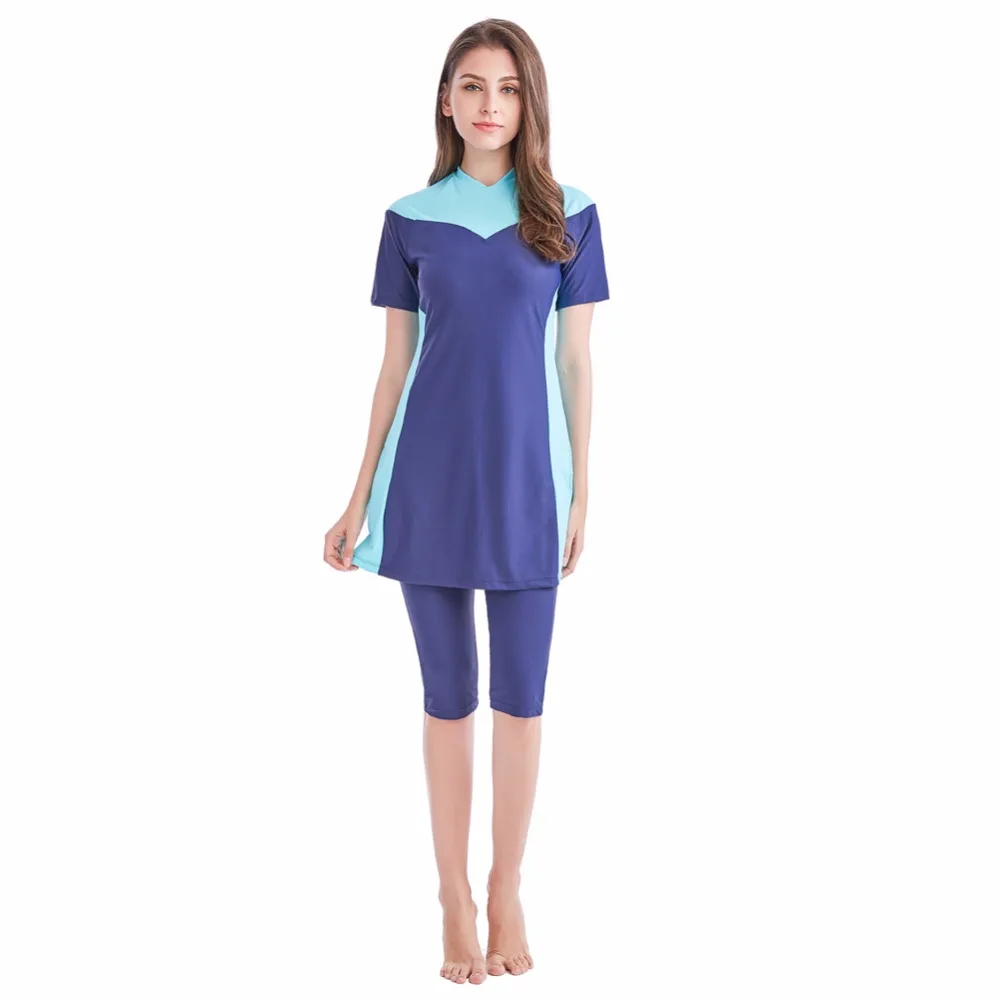 

Plus Size Muslim Swimwear Women Modest Patchwork Full Cover Short Sleeve Swimsuit Islamic Hijab Islam Burkinis Wear Bathing Suit
