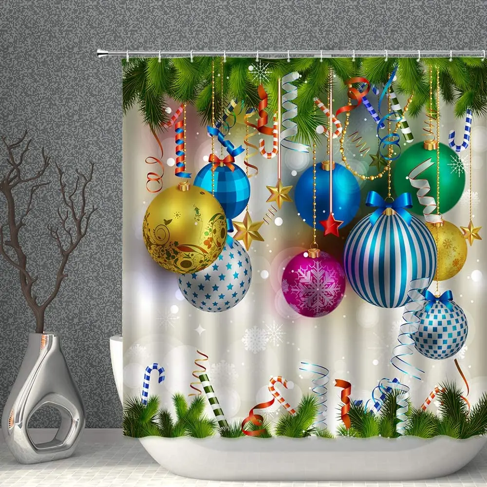 

Merry Christmas Shower Curtains Colorful Xmas Balls Green Pine Branches Happy New Year Decor Fabric Bathroom Curtain with Hooks