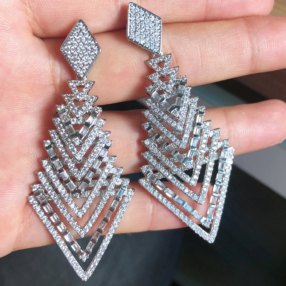 

missvikki Luxury Gorgeous Rhombic Pendant Earrings Full Shiny CZ Bride Wedding Dancer Party Show Earring Girl's Gift Jewelry