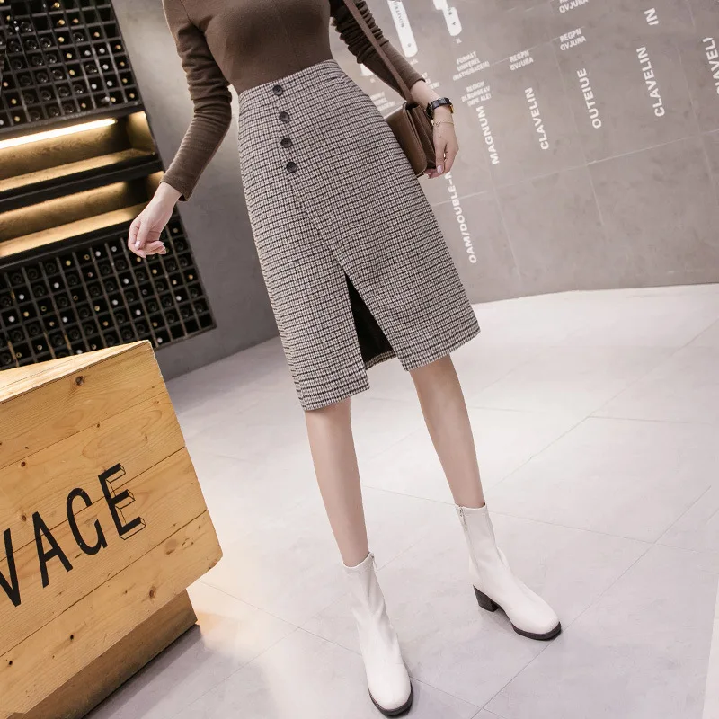 

Autumn And Winter Retro Brown Plaid Mid Skirt For Women 2020 New High Waist Split Woolen Hip Skirt Women Faldas Largas Mujer