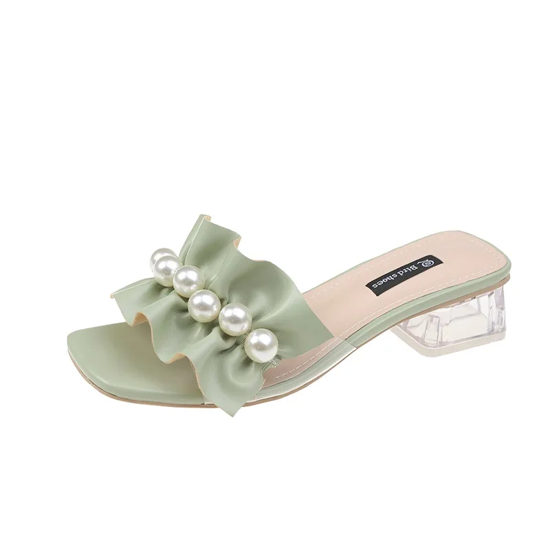 

New Summer Ruffles Pearl Sippers Women 2021 Anti Slip Flat Slides Casual Outside Flip Flops Beach Solid Ladies Slippers