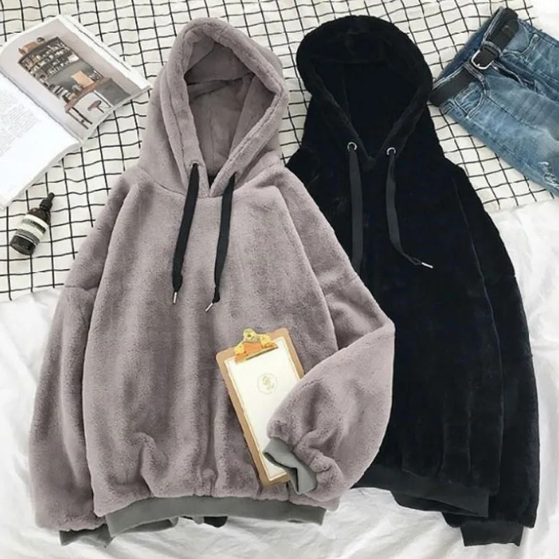

Winter Coats Soild Sweet Hooded Women Harajuku Loose Casual Warm Hoodies Ladies Fleece Flannel Pullover Female Sweatshirt Women