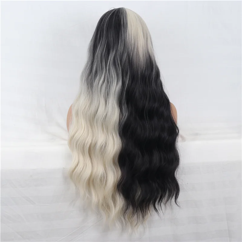 

Middle Part Synthetic Wig 30 Inch Long Black and White Wavy Party Cosplay Wigs African American Female False Hair Water Wave Wig