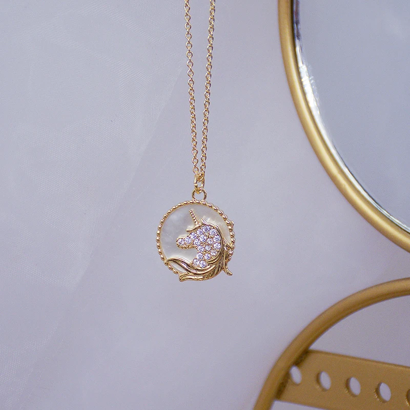 

Korean Exquisite 14k Real Gold Jewelry Temperament Unicorn Chain Necklace for Women Pendant Brilliant AAA Zircon Party Fine Gift