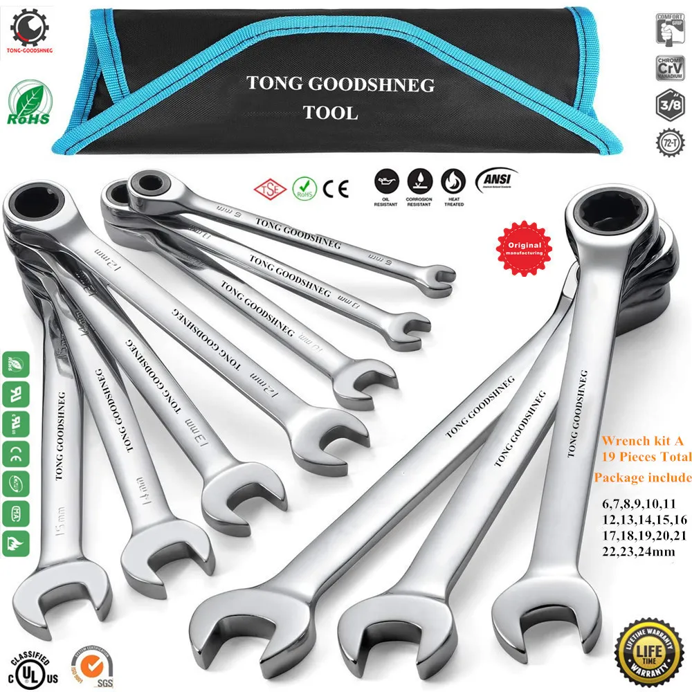 19Size Ratcheting Combination Wrench Set, Metric,19pcs 6-24mm,Chrome Vanadium Steel,Hand Tools Socket Wrenches,Carrying Bag