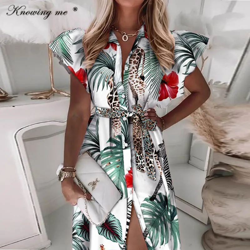 

Autumn Butterfly Sleeve Floral Print Dress 2021 Women Trun down Collor Printed Belt Party Dress Elegant buttons Mid-Calf dress