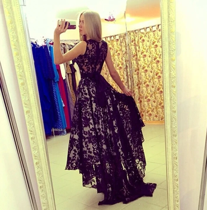 Black Lace Evening Dresses High Low Sleeveless Long Back Short Front Prom Women Party Dress Gown 2019 Vestido De Festa | Свадьбы и