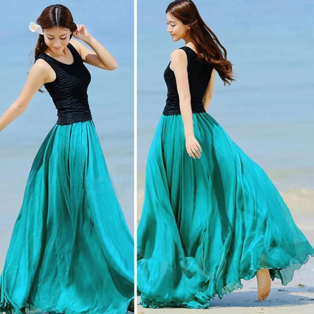 

Women Boho Double Layer Chiffon Long Maxi Skirt Beach Casual Summer Ladies Solid Color Layered Pleated Skirts Skorts