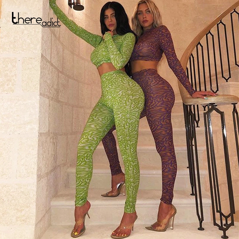 Thereadict Autumn Sexy Print Casual Two Pieces Set Streetwear Top And Long Pant Women Sleeve 2 Piece Outfit | Женская одежда
