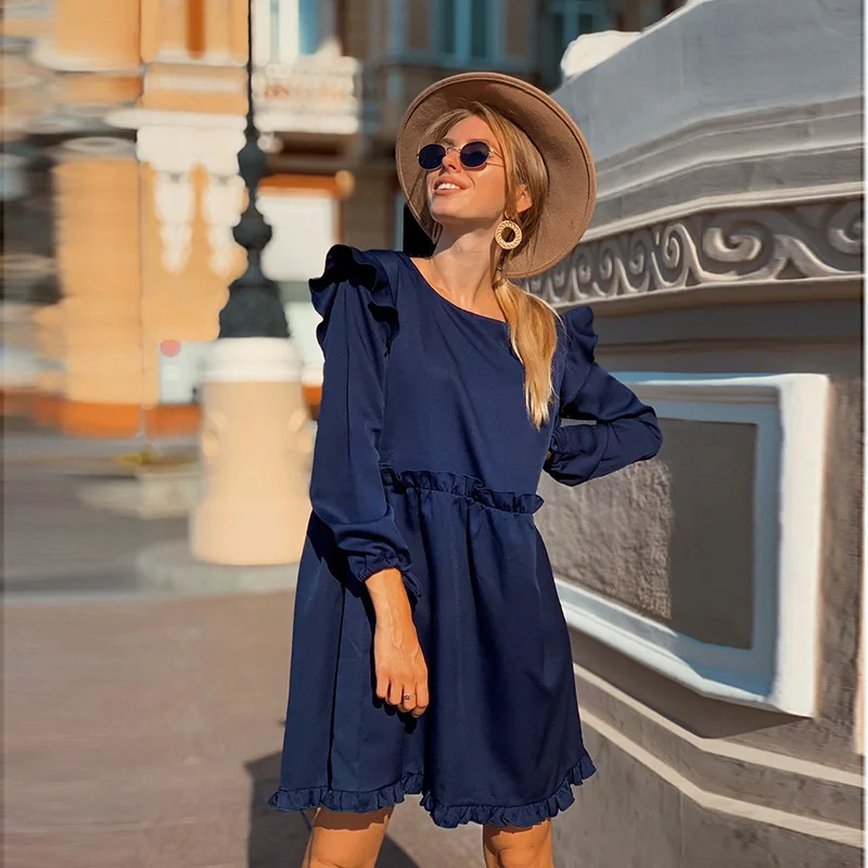 Для женщин Повседневное оборками свободное платье для девушек длинный рукав