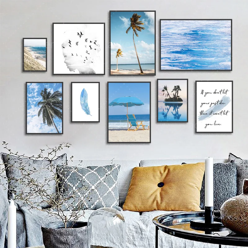 

Синий фон с рисунком кокосового дерева, плакат и печать в скандинавском минималистическом стиле, настенное украшение, художественная живоп...