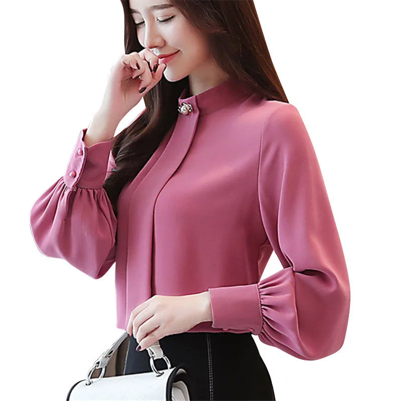 Fashion womens tops and blouses beading stand collar office Lady blouse women chiffon blouse shirt long sleeve women shirts