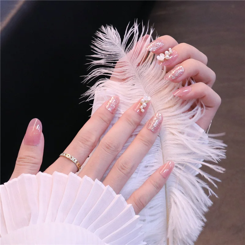 

24pcs Pink Flower Wear Short Paragraph Fashion Manicure Patch False Nails Save Time Wearable Nail Patch TO
