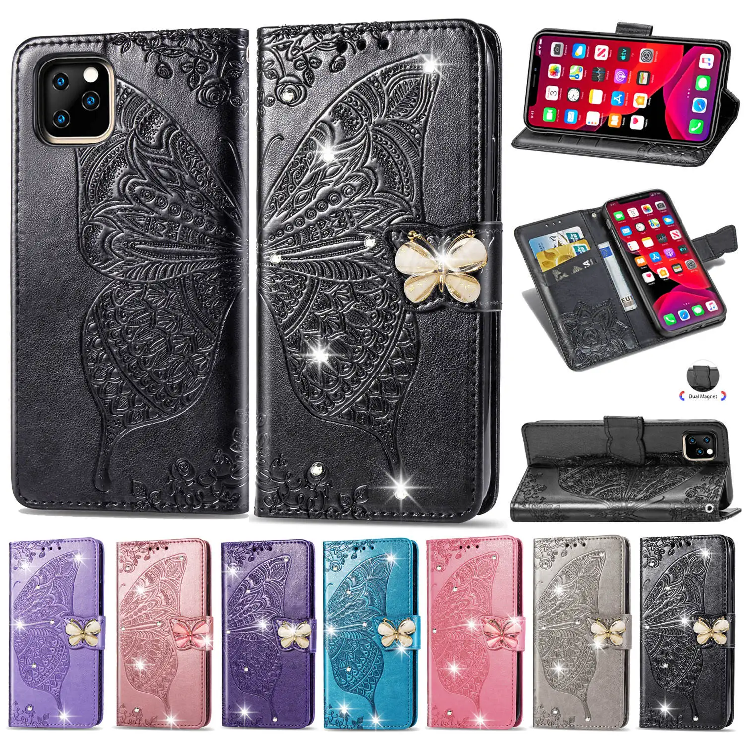 

Diamond 3D Printing Flower Butterfly PU Phone Case For iPhone 12 11 Pro Max Xs Max Xr X 7 8 6 6S Plus Wallet Flip Case