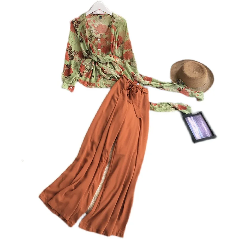 

17143 # chiffon printing crossover v-neck a chip show thin coat of tall waist wide-legged pants suit two-piece outfit
