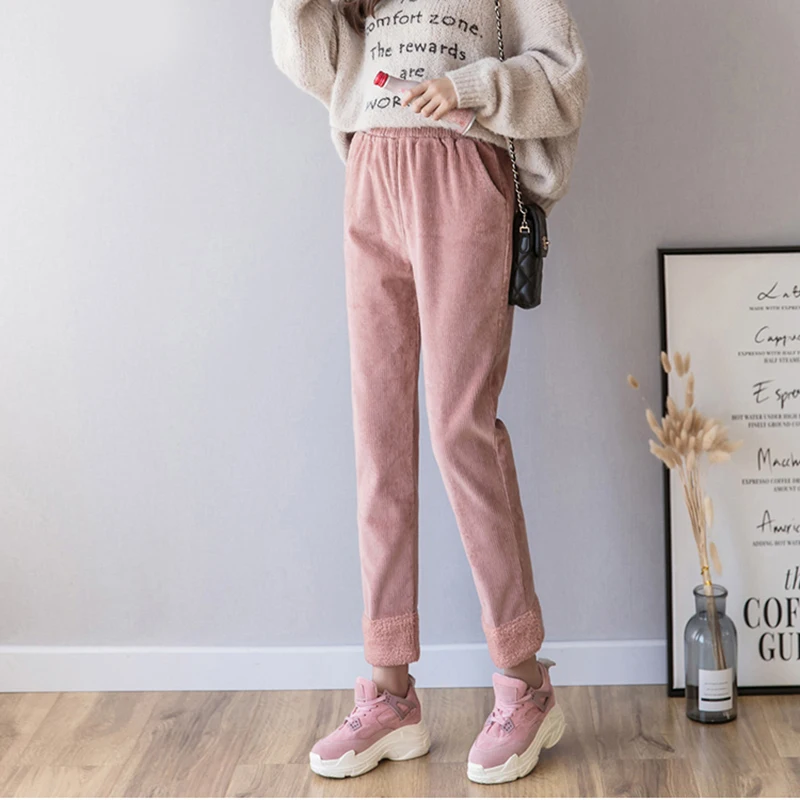 Осень зима вельветовые штаны для женщин высокая талия карманы брюки плюс размер