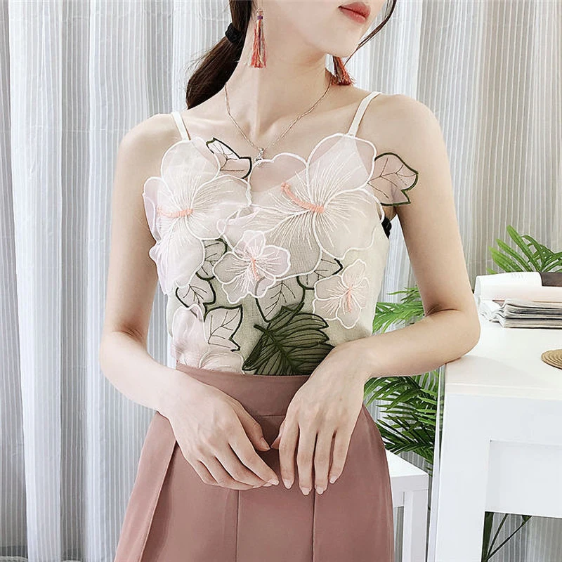 Летний женский топ вязаный Топ высокое качество Цветочная вышивка сексуальный