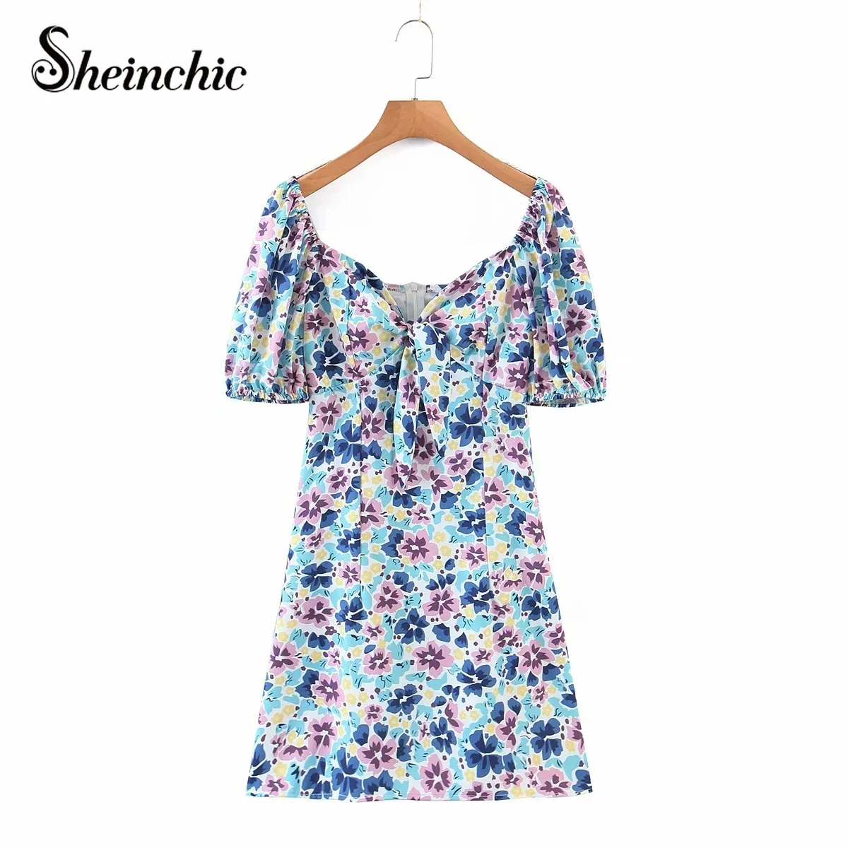

Casual Women Summer V-neck Blue Floral Dress 2021 Ladies Sleeve Short-sleeved Mini Dresses jurken Robe Femme