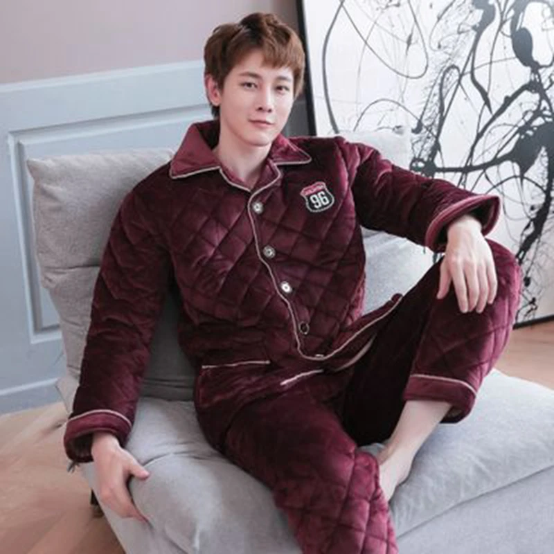 Men's Pajamas Sets Winter Warm Flannel Thicken Male Pajamas Sets Elastic Waist Long Sleeve Pants Sleepwear Home Leisure