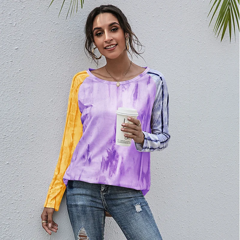 

2021 Spring Popular European and American Round Neck Casual Gradual Loose Long Sleeve T-shirt B1666 Shirts for Women