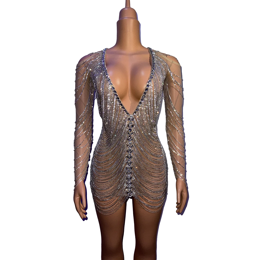 Соблазнительное платье стразы с цепочками сеткой на день рождения и выпускной