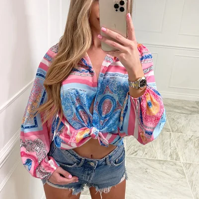 Vintage Pattern Printed Women Blouses and Tops Spring Elegant Turn-down Collar Button Shirts Autumn Long Sleeve Bow Blusa Mujer