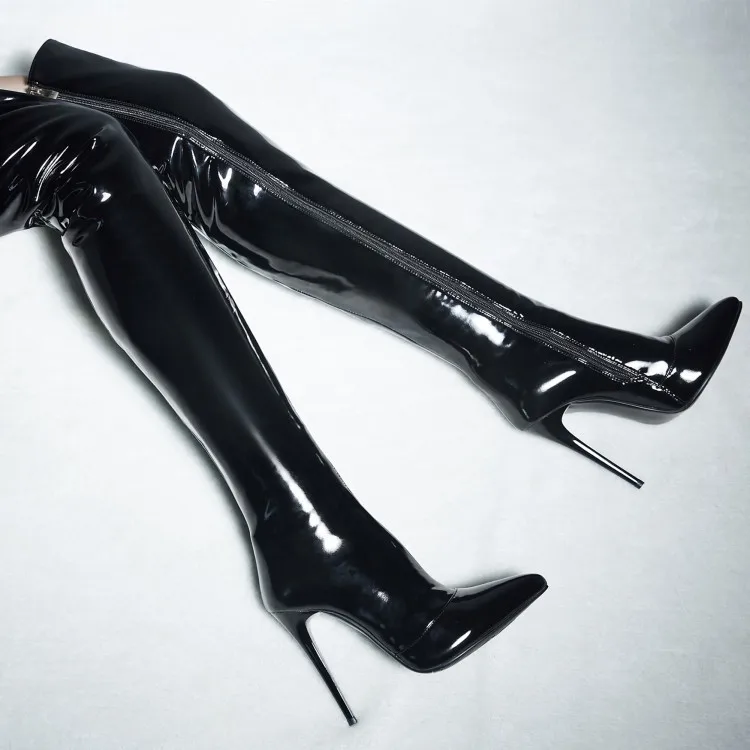 

pointed thin-heeled Knight size patent Super high-heeled women's leather side zipper sexy over-knee boots