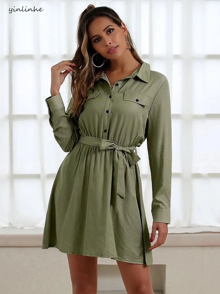 Женское винтажное платье на пуговицах yinlinhe зеленое с длинным рукавом и поясом