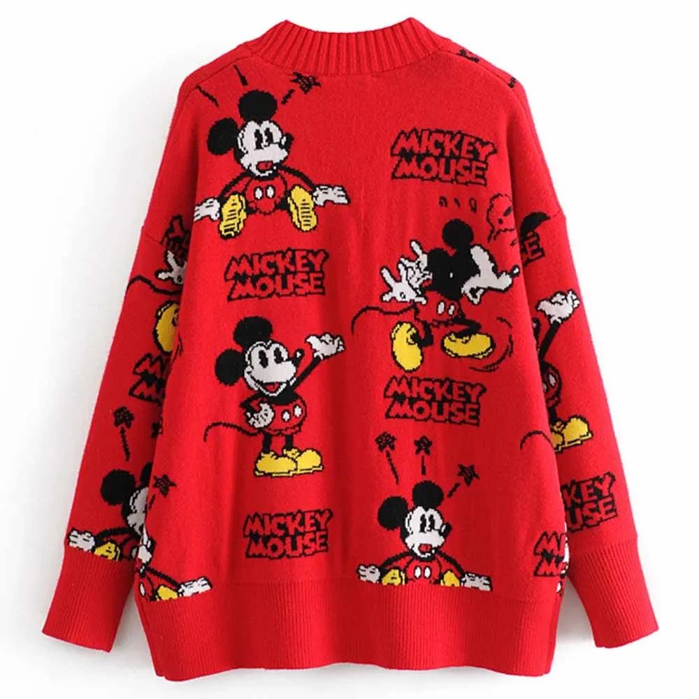 Disney Stylish Mickey Mouse Cartoon Print V-Neck Cardigan Single-breasted Streetwear Red Women Sweater Knitted Long Sleeve Tops |