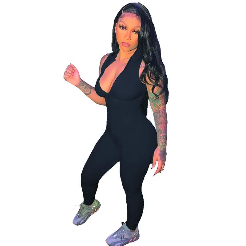 

Women Summer Jumpsuit Sleeveless Sexy Solid Color Trousers Elastic Waist Tight Fitting Zipper Sexy Romper 2021 Women's Jumpsuit