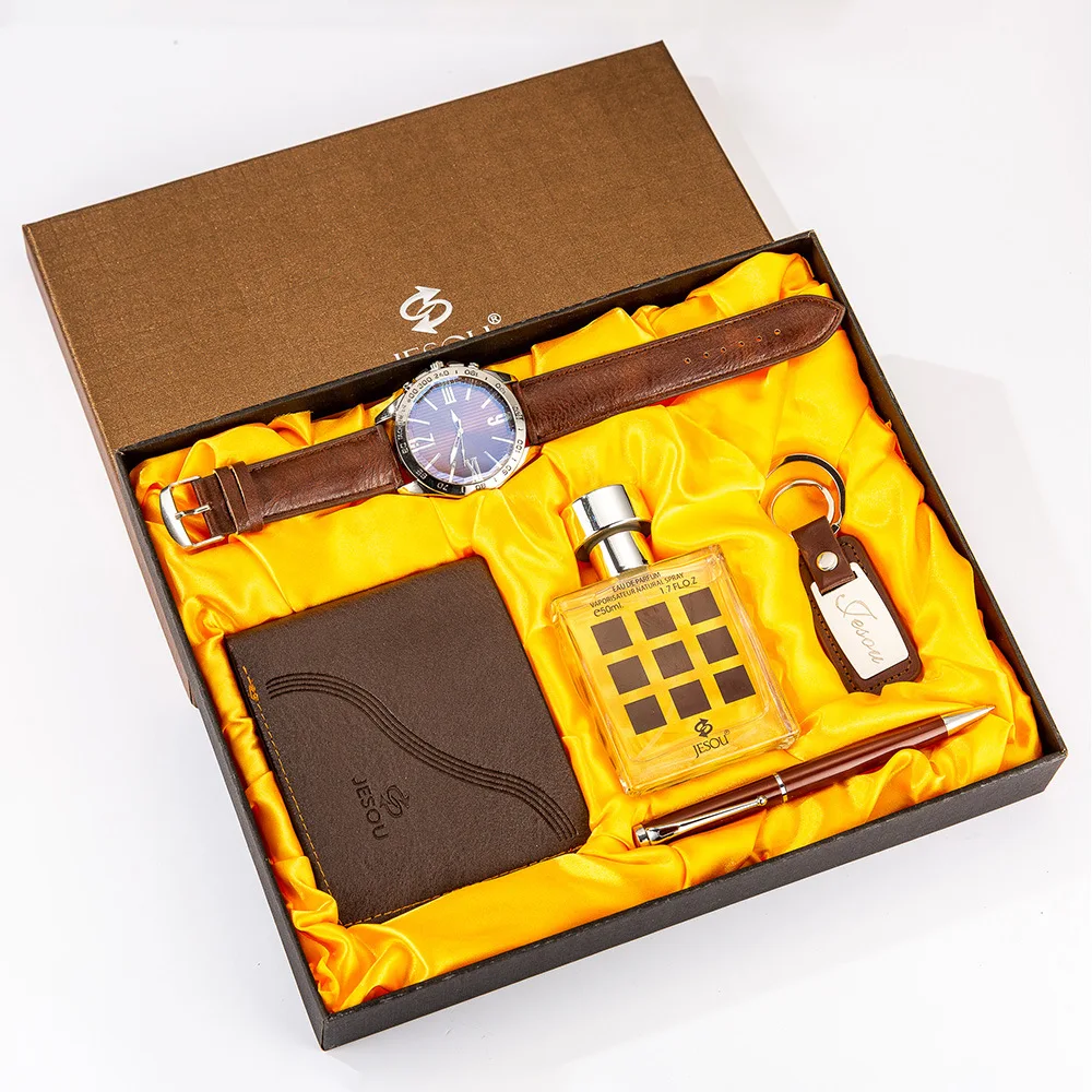 

5pcs/set boutique gift set Wallet + PERFUME + key chain + large dial quartz watch + pen, charming man luxury gift